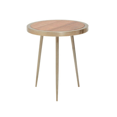 Natural Acacia Wood Small Round Side Table with Gold Aluminium Border and Legs, Almora