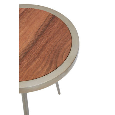 Natural Acacia Wood Small Round Side Table with Gold Aluminium Border and Legs, Almora