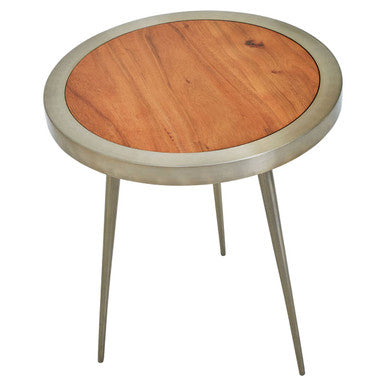 Natural Acacia Wood Round Side Table with Gold Aluminium Border and Legs, Almora