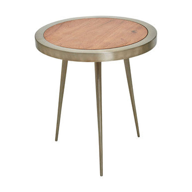 Natural Acacia Wood Round Side Table with Gold Aluminium Border and Legs, Almora