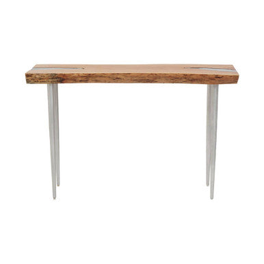 Rustic Natural Acacia Wood Console Table with Silver Aluminium Inlay Frame, Almora