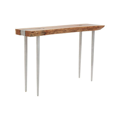 Rustic Natural Acacia Wood Console Table with Silver Aluminium Inlay Frame, Almora