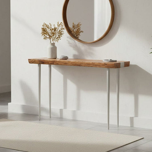 Rustic Natural Acacia Wood Console Table with Silver Aluminium Inlay Frame | Almora