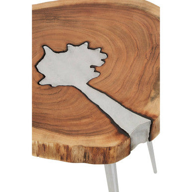 Natural Acacia Wood Slice Side Table with Silver Metallic Centre and Aluminium Legs, Almora