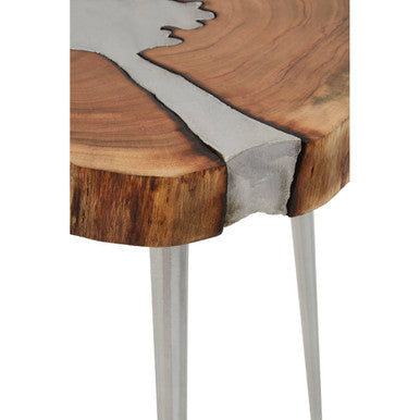 Natural Acacia Wood Slice Side Table with Silver Metallic Centre and Aluminium Legs, Almora