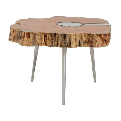Natural Acacia Wood Log Slice Coffee Table with Silver Centre Detail and Aluminium Splayed Legs, Almora