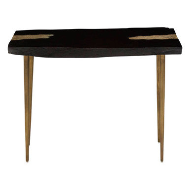 Black Acacia Wood Console Table with Gold Aluminium Filling Detail and Gold Metal Legs, Asamra