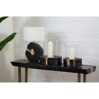 Black Acacia Wood Console Table with Gold Aluminium Filling Detail and Gold Metal Legs, Asamra