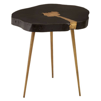 Black Acacia Wood Side Table with Gold Metallic Inlay and Splayed Legs, Asamra