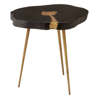 Black Acacia Wood Side Table with Gold Metallic Inlay and Splayed Legs, Asamra