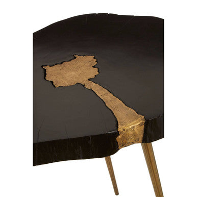 Black Acacia Wood Side Table with Gold Metallic Inlay and Splayed Legs, Asamra
