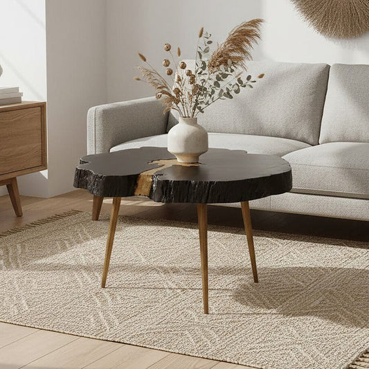 Black Acacia Wood Slice Side Table with Gold Metallic Centre and Aluminium Legs | Asamra
