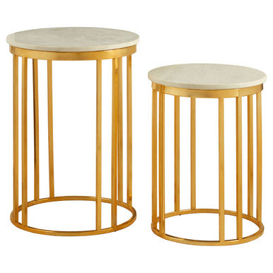 Set of 2 Round White Marble Tops Side Tables with Rich Gold Metal Frame, Templar