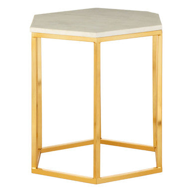 White Marble Tops Hexagonal Side Tables with Gold Finish Metal Frame, Templar