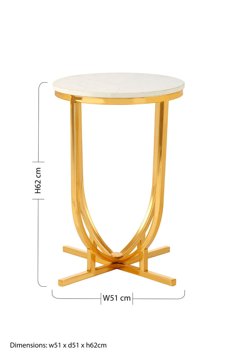 White Marble Tops Round Side Tables with Gold Finish Metal Frame, Templar