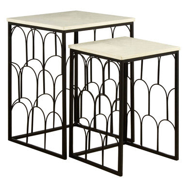 White Marble Top Side Tables with Black Metal Base and Art Deco Pattern, Templar