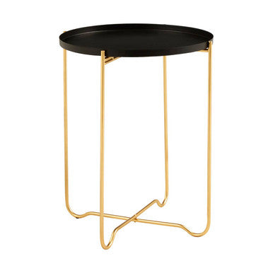 Black Finish Round Top Side Table with Gold Metal Frame and Cross Sledge Base, Templar