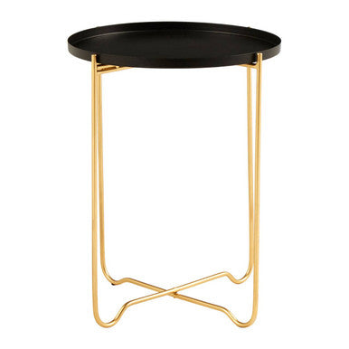 Black Finish Round Top Side Table with Gold Metal Frame and Cross Sledge Base, Templar