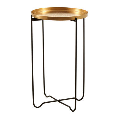 Gold Finish Round Top Side Table with Black Slim Metallic Frame and Intersecting Sledge Base, Templar