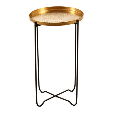 Gold Finish Round Top Side Table with Black Slim Metallic Frame and Intersecting Sledge Base, Templar