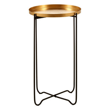 Gold Finish Round Top Side Table with Black Slim Metallic Frame and Intersecting Sledge Base, Templar