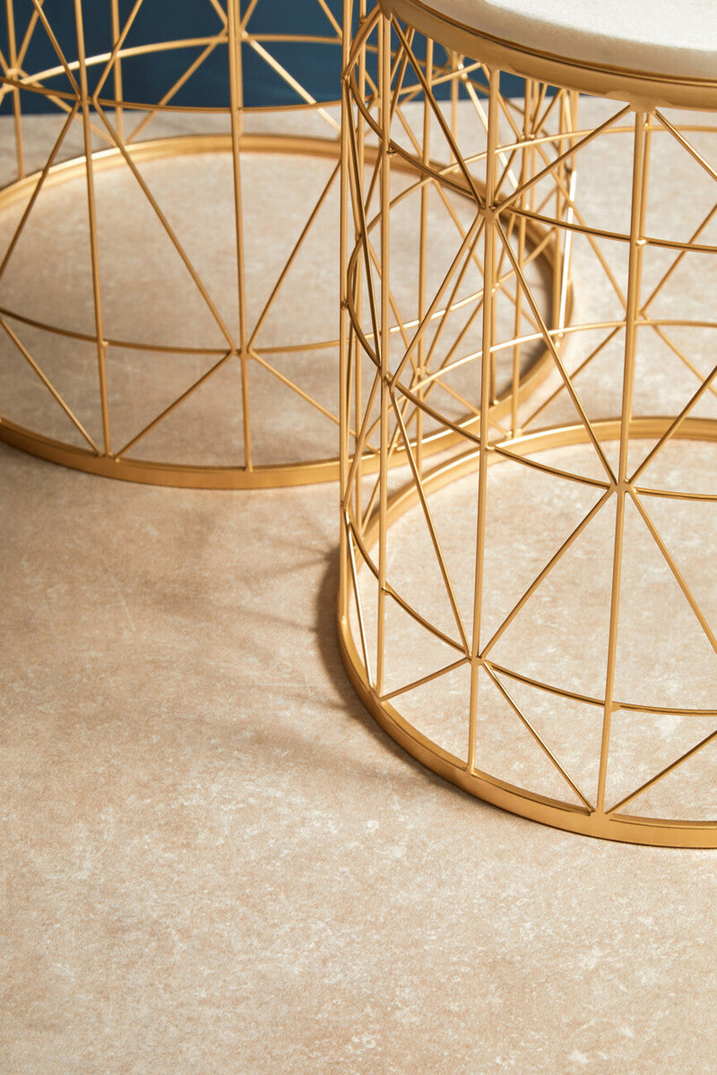 Set of 2 White Marble Top Round Side Tables with Gold Geometric Open Frame Bases, Avantis