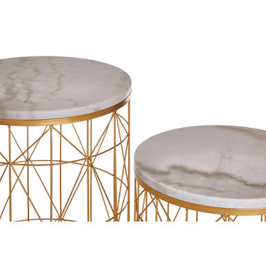 Set of 2 White Marble Top Round Side Tables with Gold Geometric Open Frame Bases, Avantis