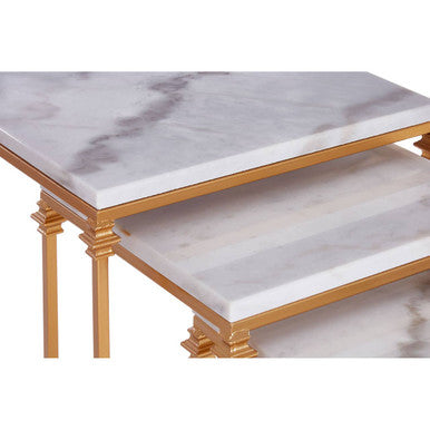 Set of 3 White Marble Tops Square Nesting Side Tables with Gold Finish Carved Metallic Legs | Avantis