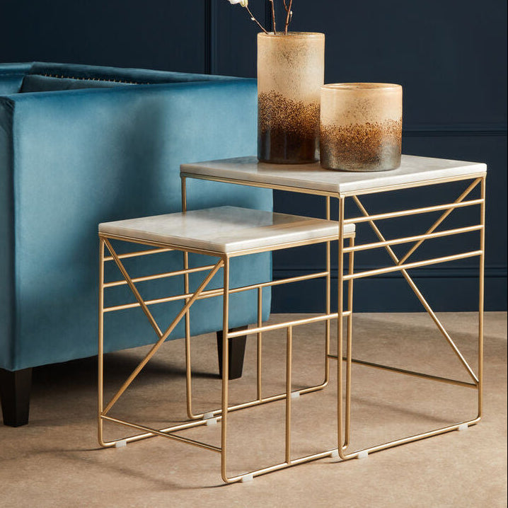 Set of 2 White Marble Square Nesting Tables with Champagne Finish Metallic Legs | Avantis
