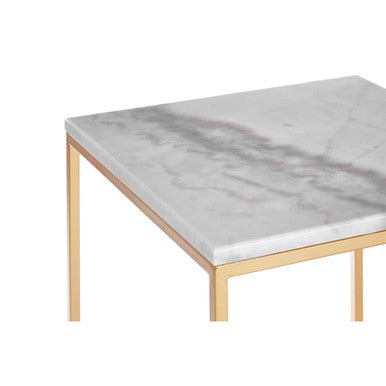 Set of Two White Marble Top Square Nesting Side Tables with Gold Metal Frame, Avantis