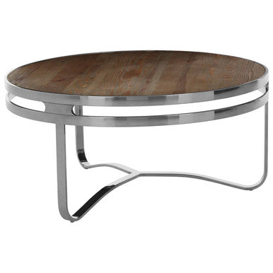 Natural Pine Wood Round Coffee Table with Metallic Silver Curved Leg Base, Richmond