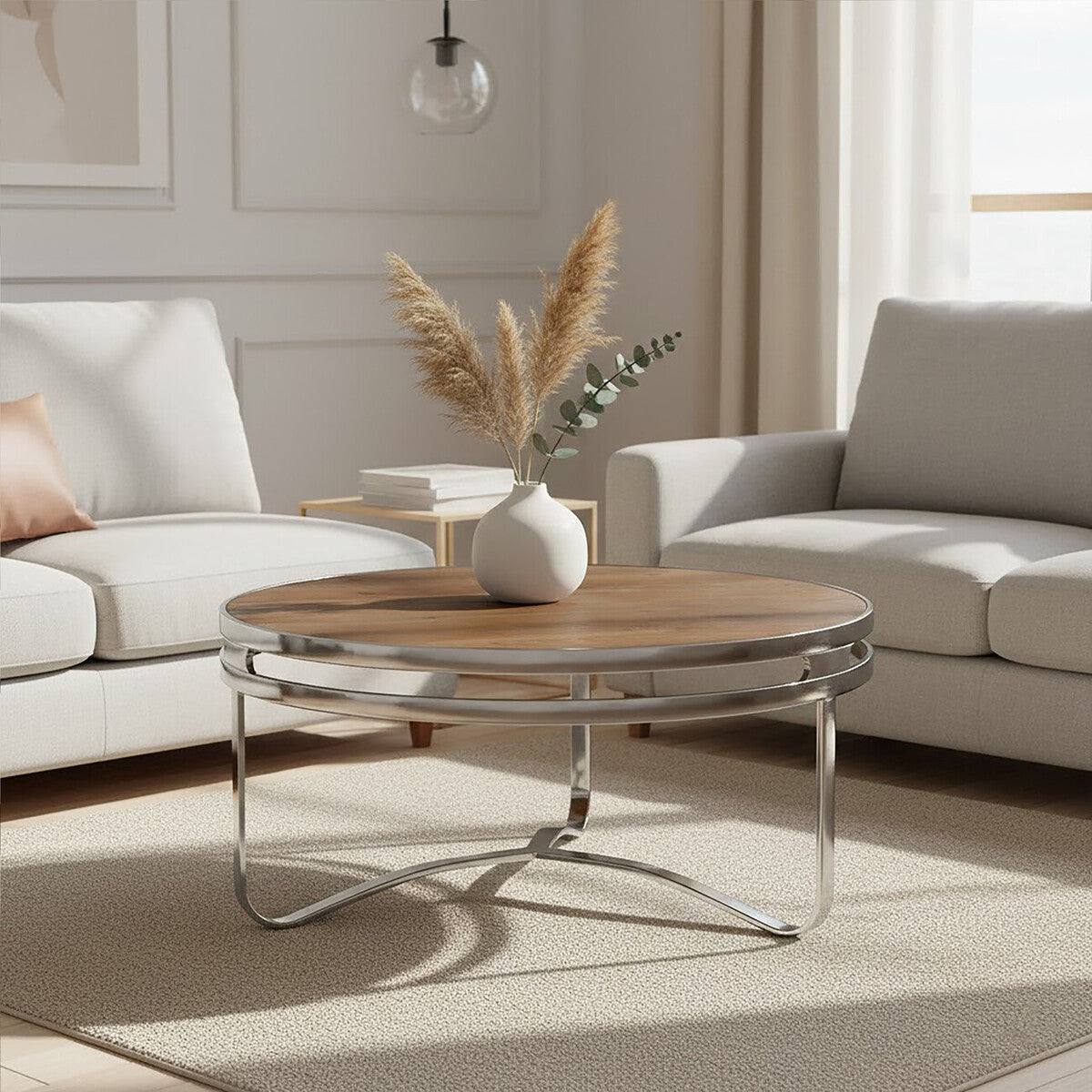Natural Pine Wood Round Coffee Table with Metallic Silver Curved Leg Base, Richmond
