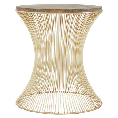 Natural Solid Rustic Wood Top Side Table with Gold Finish Metallic Hourglass Base, Templar