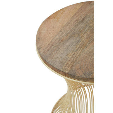 Natural Solid Rustic Wood Top Side Table with Gold Finish Metallic Hourglass Base, Templar
