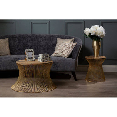 Natural Wood Top Coffee Table with Warm Gold Iron Wireframe Base, Templar