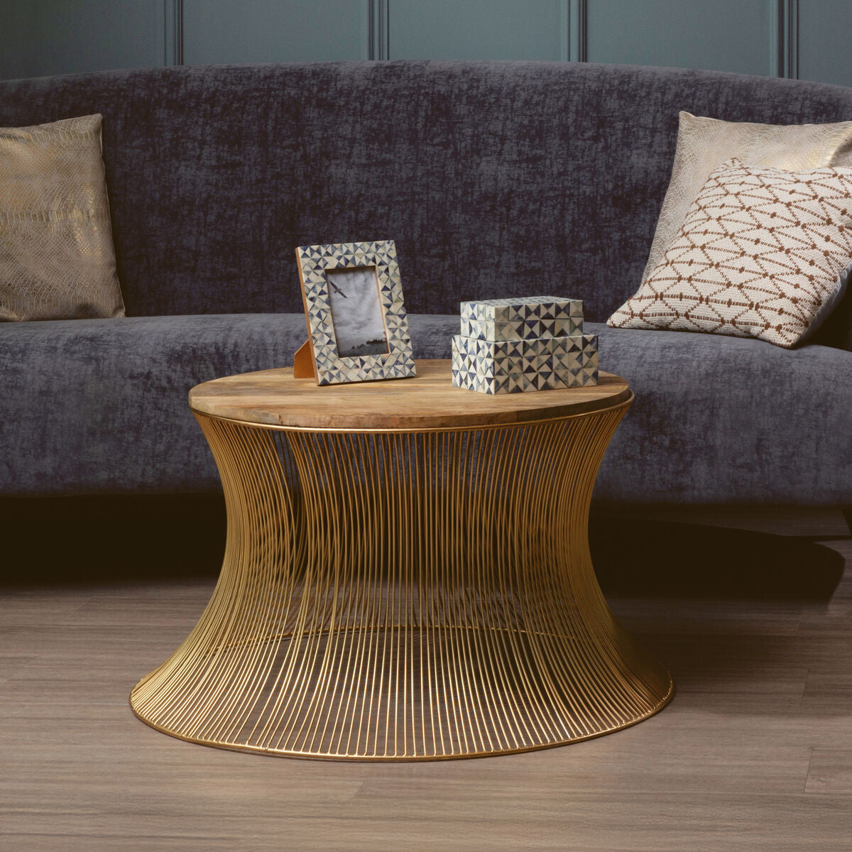 Natural Wood Top Coffee Table with Warm Gold Iron Wireframe Base, Templar