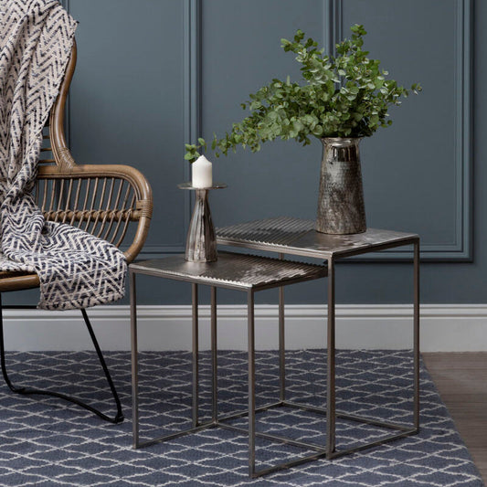 Silver Nickel Set of Two Rectangular Nesting Tables with Textured Aluminium Tops and Sleek Iron Frame, Templar