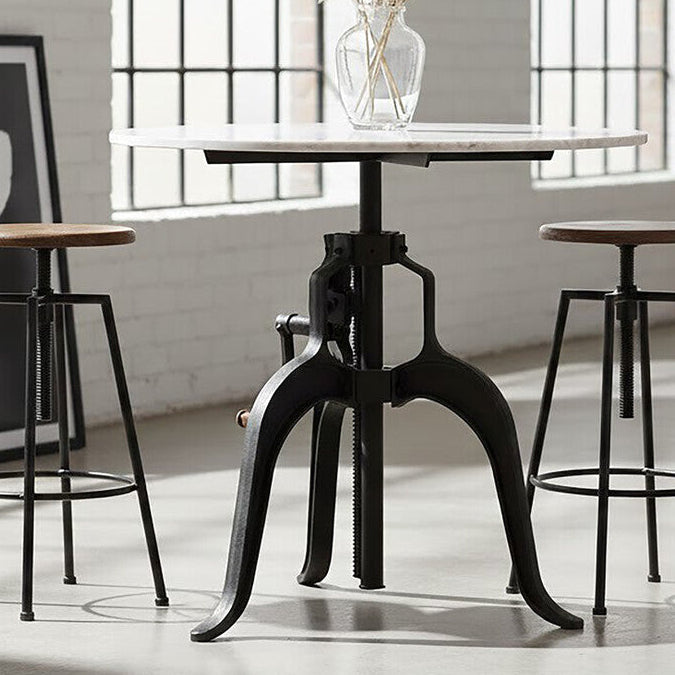 White Marble Top Small Bar Table with Black Iron Cabriole Legs and Crank Mechanism, Vasco