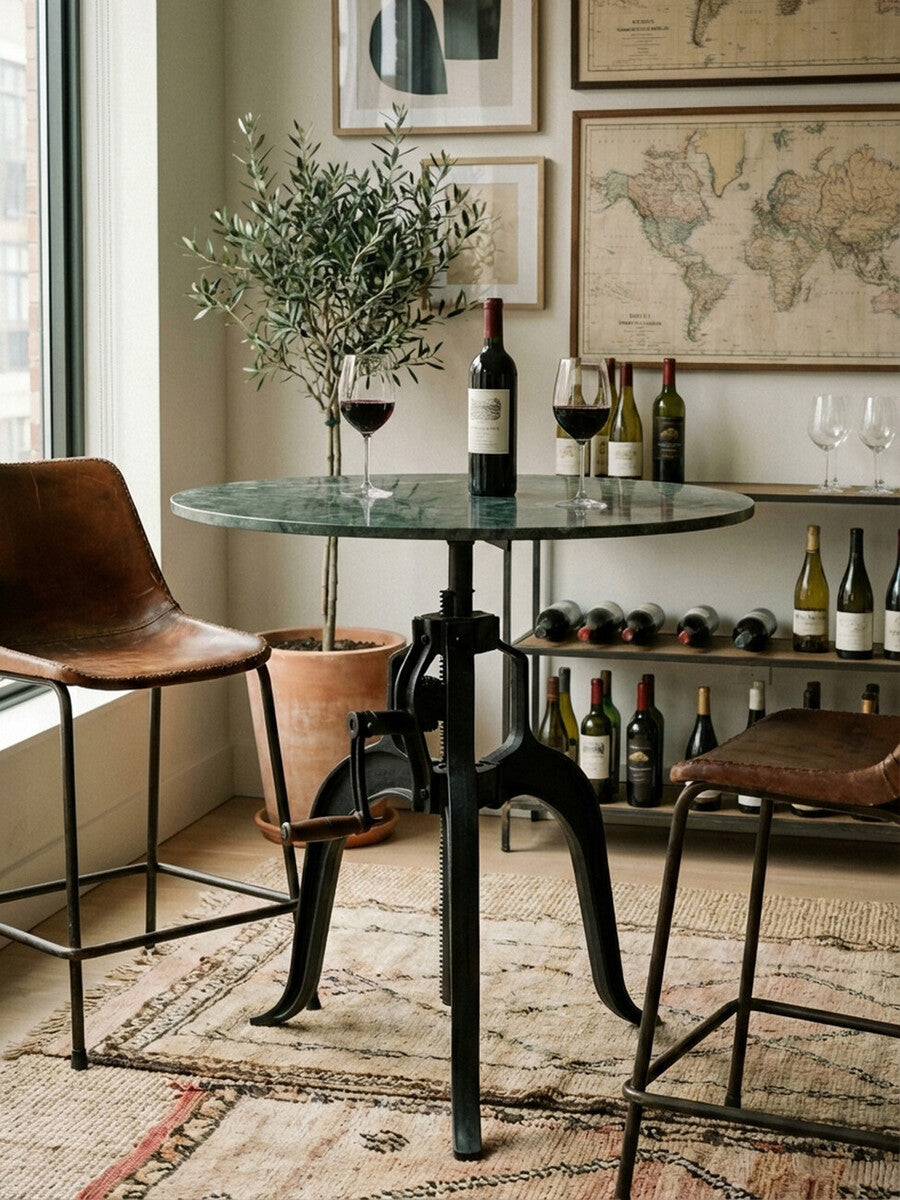 Green Marble Top Small Bar Table with Black Iron Cabriole Legs and Crank Mechanism, Vasco