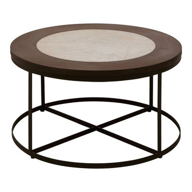 Brown Wood and White Marble Top Coffee Table with Black Iron Intersecting Base, Vasco