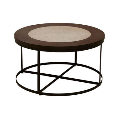 Brown Wood and White Marble Top Coffee Table with Black Iron Intersecting Base, Vasco