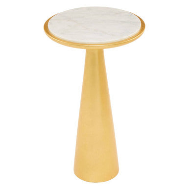 White Marble Top Large Side Table with Gold Finish Conical Wood Base, Lino