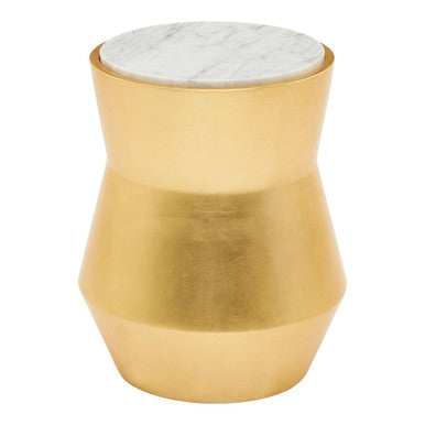 Small Gold Drum Wood Side Table with White Marble Top, Lino
