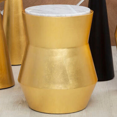 Small Gold Drum Wood Side Table with White Marble Top, Lino