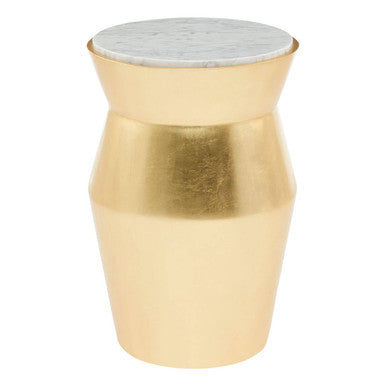 Large Gold Drum Wood Side Table with White Marble Top, Lino