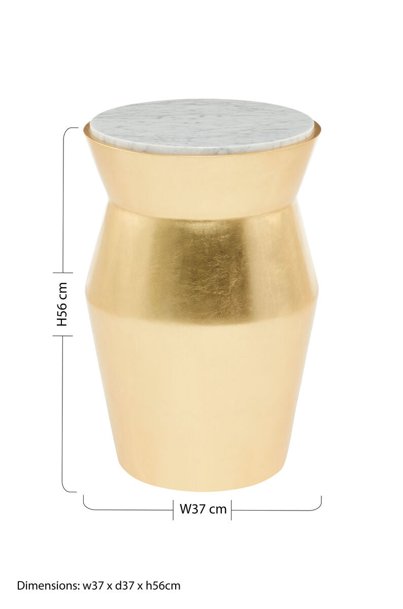 Large Gold Drum Wood Side Table with White Marble Top, Lino