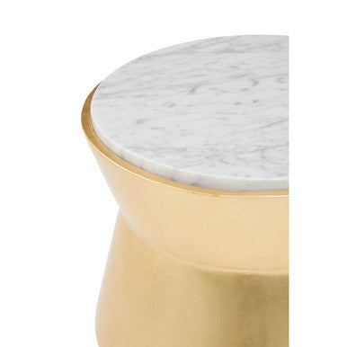 Large Gold Drum Wood Side Table with White Marble Top, Lino