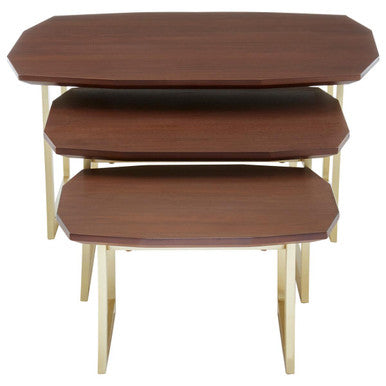 Set of 3 Brown Walnut Wood Nesting Side Tables with Gold Finish Metal Legs, Villi