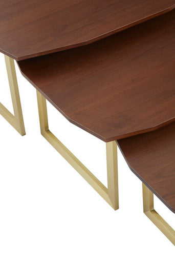 Set of 3 Brown Walnut Wood Nesting Side Tables with Gold Finish Metal Legs, Villi