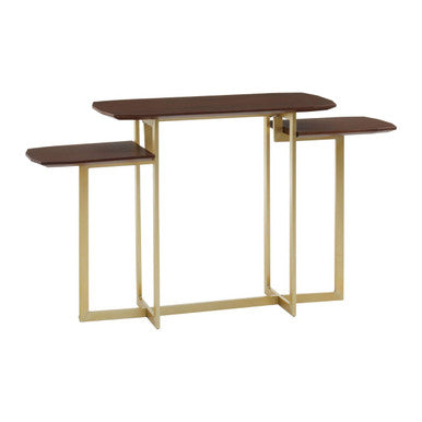 Brown Wood Multi Level 3 Tier Console Table with Gold Finish Metal Frame, Villi